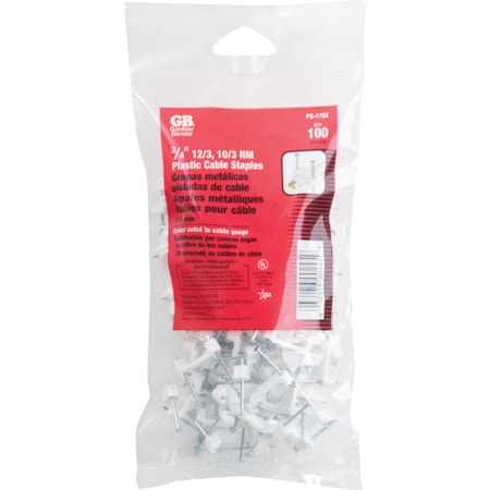 Gardner Bender Insulated Cable Staples, 3/4 in Leg L, Polyethylene, 100 PK PS-175ZN